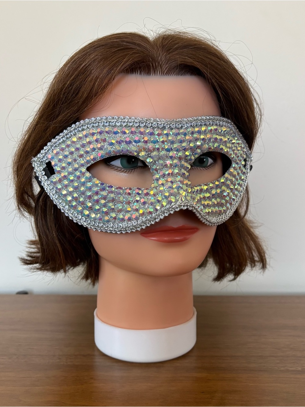 ✨ Custom Rhinestone Silver Glitter Mardi Gras Mask - AB Crystals ✨